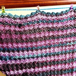 Magic Fortune Lacy Shimmering Shawl in shades of berry & teal.